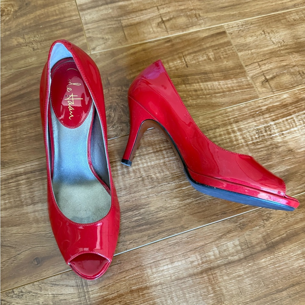 Red Patent Leather  Women's Red Peep Toe Heels 👠